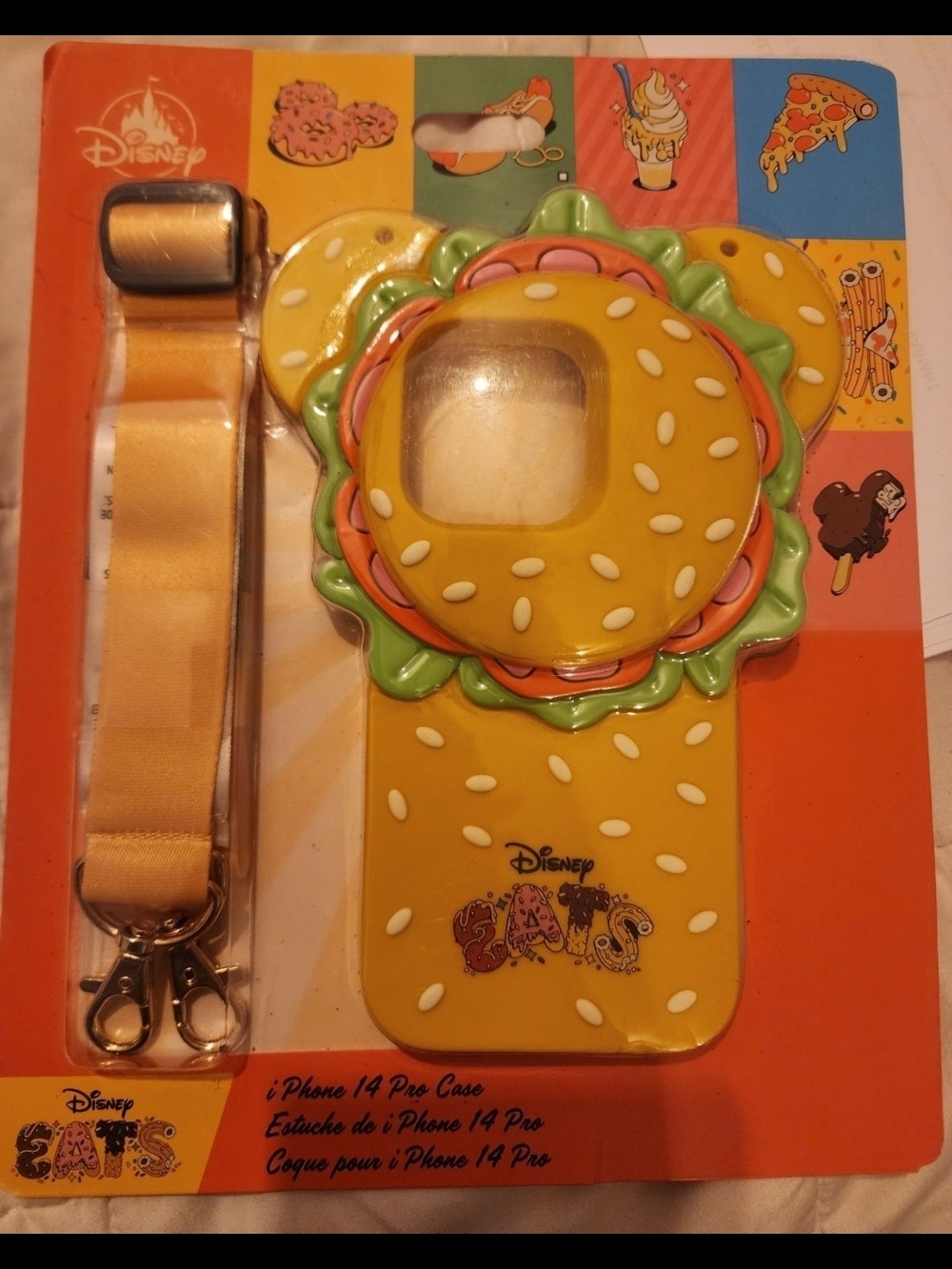 Disney Yellow Burger iPhone 14 Pro Case with Green Lettuce Accent and Strap